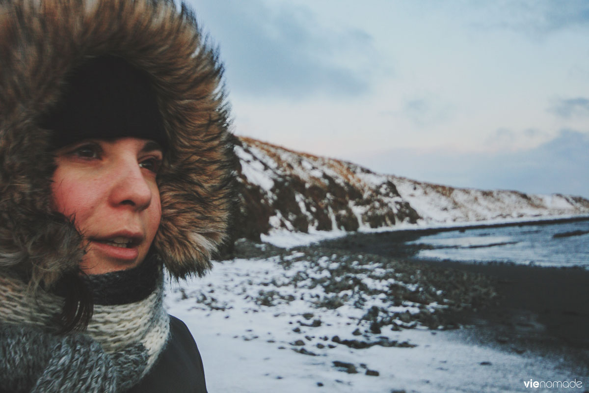 Plage de sable noir au nord de l'Islande à Osàr